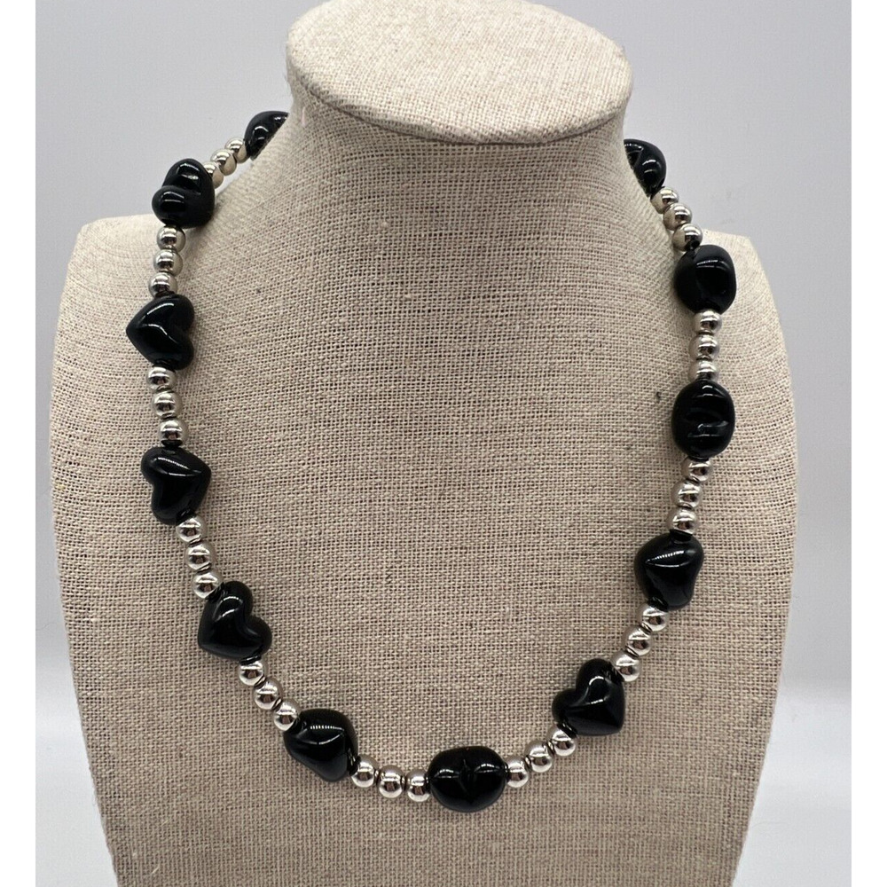 Retro‎ Y2K 90s Black Acrylic Heart Beaded Necklace Kitsch Skater Punk